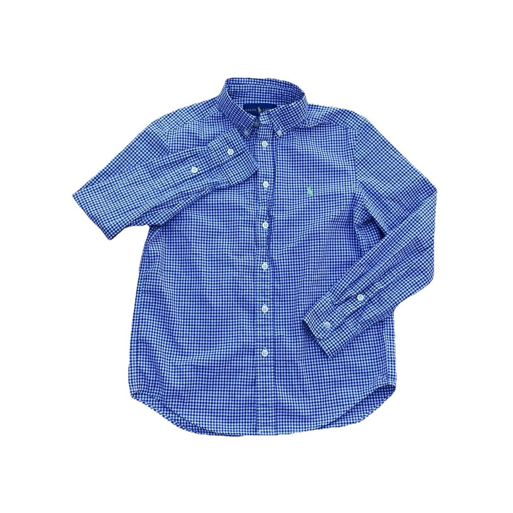 Ralph Lauren Boys Size M (10-12) Long Sleeve Button Down Shirt Blue Check Pony